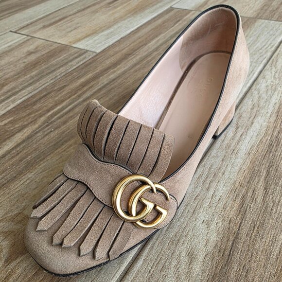 Gucci Beige Suede Marmont Black Heel Fringe GG Shoes Eur. 37 - Picture 1 of 15